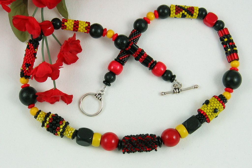 Red, Black and Yellow Handmade Seed Bead Necklace Red, Black and Yellow Handmade Seed Bead Necklace