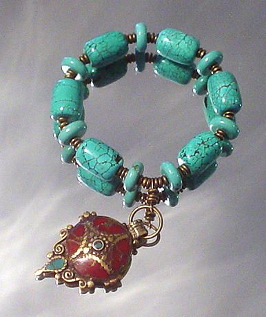 Tibetan Inlaid Coral and Turquoise Charm Bracelet Tibetan Inlaid Coral and Turquoise Charm Bracelet
