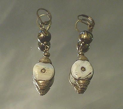Tibetan OM Prayer Bead and Conch Shell Earrings Tibetan OM Prayer Bead and Conch Shell Earrings