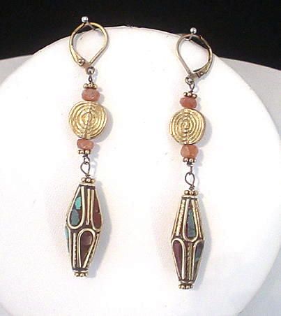 Tibetan Turquoise and Sunstone Baoule Earrings Tibetan Turquoise and Sunstone Baoule Earrings