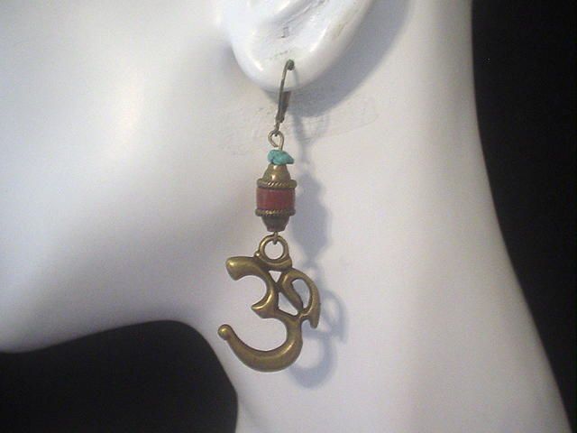 OM Clay Trade Bead and Turquoise Earrings OM Clay Trade Bead and Turquoise Earrings