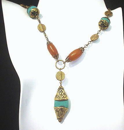 Tibetan Repousse Turquoise, Resin and Baoule Necklace Tibetan Repousse Turquoise, Resin and Baoule Necklace