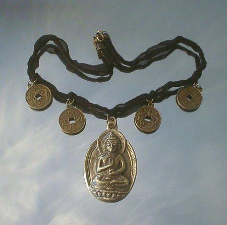 Buddha and Asian Coin Ribbon Necklace Buddha and Asian Coin Ribbon Necklace