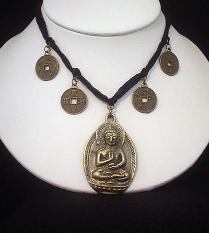 Buddha and Asian Coin Ribbon Necklace Buddha and Asian Coin Ribbon Necklace