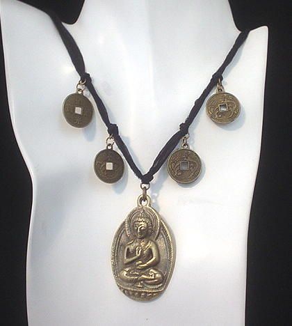 Buddha and Asian Coin Ribbon Necklace Buddha and Asian Coin Ribbon Necklace