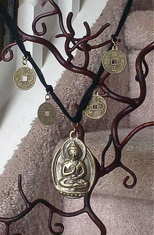 Buddha and Asian Coin Ribbon Necklace Buddha and Asian Coin Ribbon Necklace