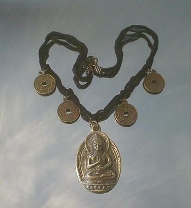 Buddha and Asian Coin Ribbon Necklace Buddha and Asian Coin Ribbon Necklace