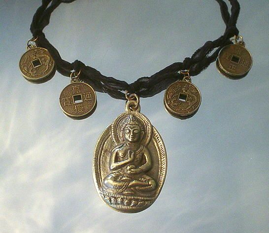 Buddha and Asian Coin Ribbon Necklace Buddha and Asian Coin Ribbon Necklace
