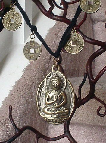 Buddha and Asian Coin Ribbon Necklace Buddha and Asian Coin Ribbon Necklace