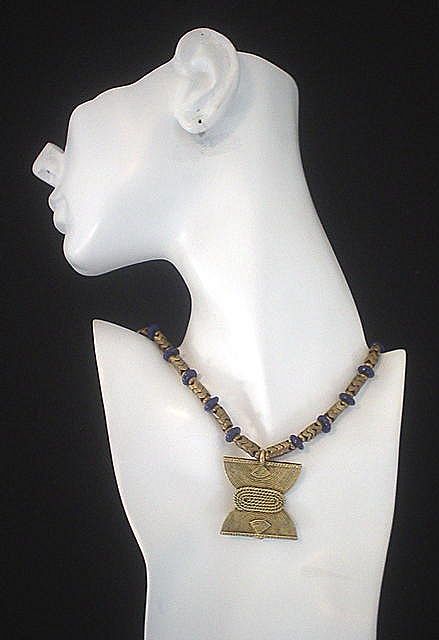 African Tribal Brass Pendant and Lapis Lazulli Necklace African Tribal Brass Pendant and Lapis Lazulli Necklace