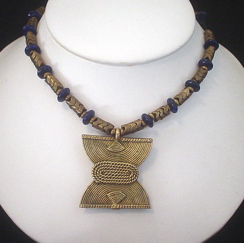 African Tribal Brass Pendant and Lapis Lazulli Necklace African Tribal Brass Pendant and Lapis Lazulli Necklace