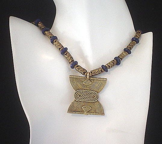 African Tribal Brass Pendant and Lapis Lazulli Necklace African Tribal Brass Pendant and Lapis Lazulli Necklace