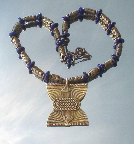 African Tribal Brass Pendant and Lapis Lazulli Necklace African Tribal Brass Pendant and Lapis Lazulli Necklace