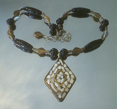 Mosaic Bone and Carved Black Onyx Necklace Mosaic Bone and Carved Black Onyx Necklace