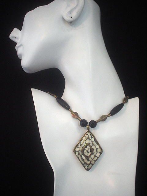 Mosaic Bone and Carved Black Onyx Necklace Mosaic Bone and Carved Black Onyx Necklace