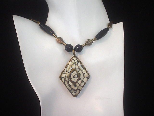 Mosaic Bone and Carved Black Onyx Necklace Mosaic Bone and Carved Black Onyx Necklace