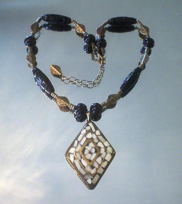 Mosaic Bone and Carved Black Onyx Necklace Mosaic Bone and Carved Black Onyx Necklace