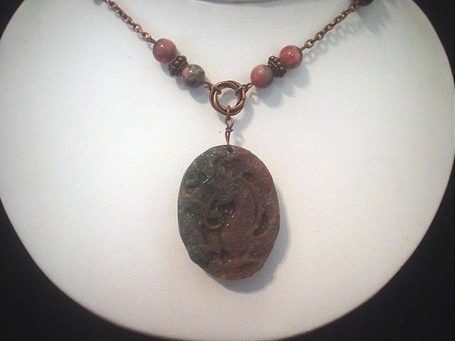 Jade Dragon and Golden Rhodonite Copper Necklace Jade Dragon and Golden Rhodonite Copper Necklace