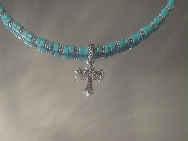 Marcasite Cross and Turquoise Sterling Silver Necklace Marcasite Cross and Turquoise Sterling Silver Necklace