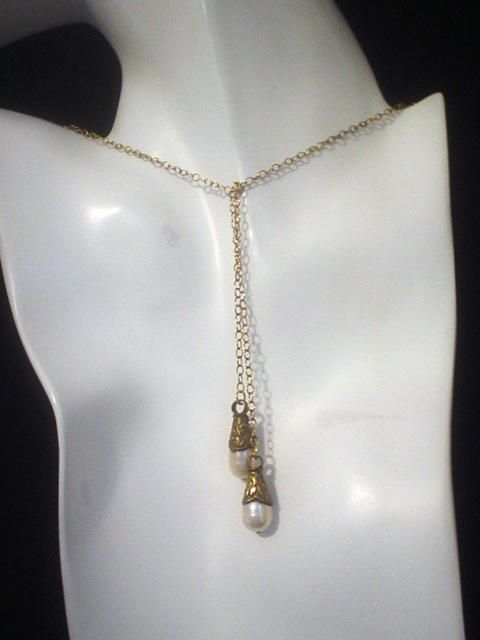 Cultured Pearl Repousse Gold Fill Lariat Necklace Cultured Pearl Repousse Gold Fill Lariat Necklace