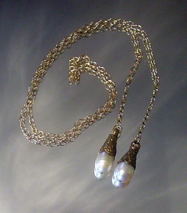 Cultured Pearl Repousse Gold Fill Lariat Necklace Cultured Pearl Repousse Gold Fill Lariat Necklace
