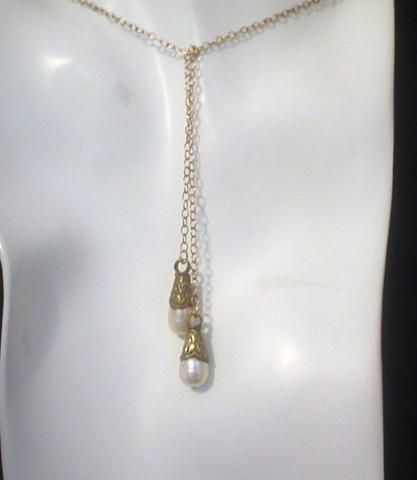 Cultured Pearl Repousse Gold Fill Lariat Necklace Cultured Pearl Repousse Gold Fill Lariat Necklace