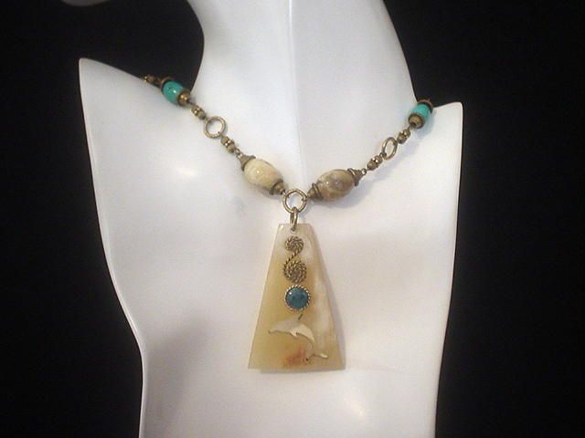 Mother of Pearl, Turquoise & Feldspar Dolphin Necklace Mother of Pearl, Turquoise & Feldspar Dolphin Necklace