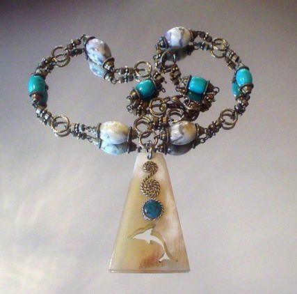 Mother of Pearl, Turquoise & Feldspar Dolphin Necklace Mother of Pearl, Turquoise & Feldspar Dolphin Necklace