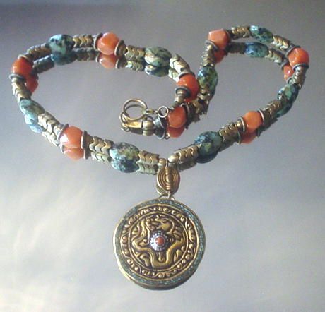 Tibetan Dragon Turquoise and Peach Aventurine Necklace Tibetan Dragon Turquoise and Peach Aventurine Necklace