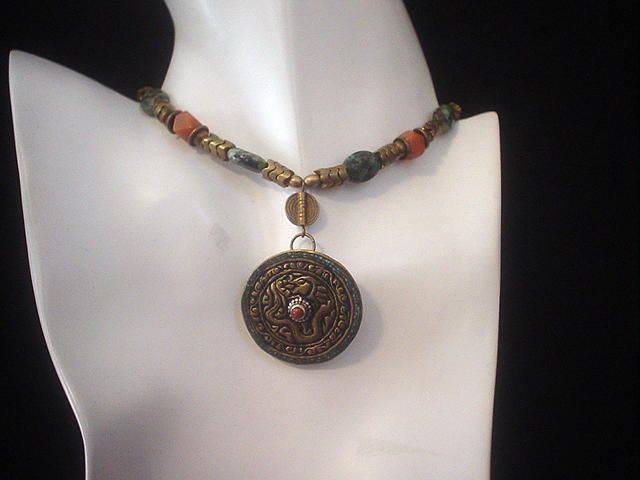 Tibetan Dragon Turquoise and Peach Aventurine Necklace Tibetan Dragon Turquoise and Peach Aventurine Necklace