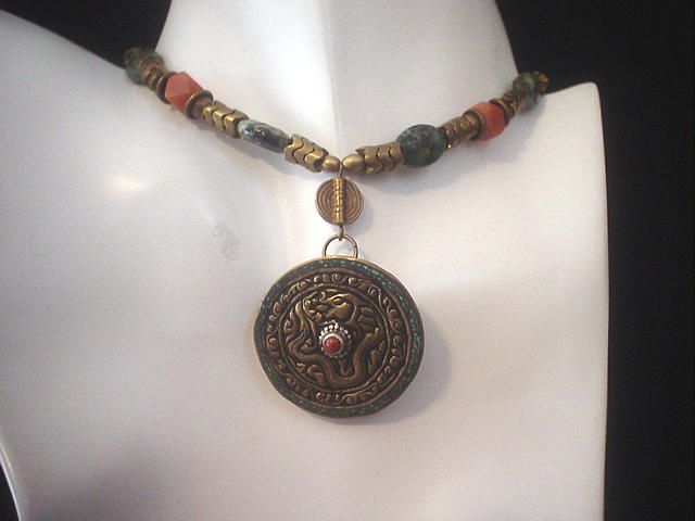 Tibetan Dragon Turquoise and Peach Aventurine Necklace Tibetan Dragon Turquoise and Peach Aventurine Necklace