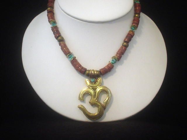 Tibetan OM and African Trade Bead Turquoise Necklace Tibetan OM and African Trade Bead Turquoise Necklace
