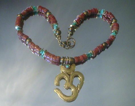 Tibetan OM and African Trade Bead Turquoise Necklace Tibetan OM and African Trade Bead Turquoise Necklace