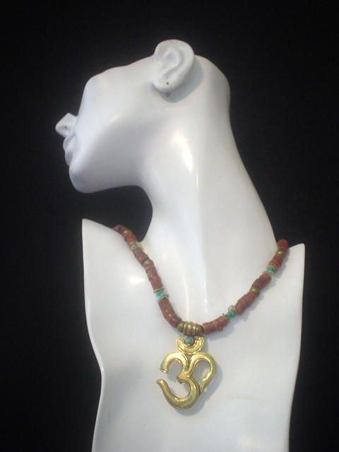 Tibetan OM and African Trade Bead Turquoise Necklace Tibetan OM and African Trade Bead Turquoise Necklace
