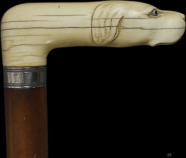 Fine Turn of the Century Carved Ivory Dog Handle Wooden Cane Walking Stick Fine Turn of the Century Carved Ivory Dog Handle Wooden Cane Walking Stick
