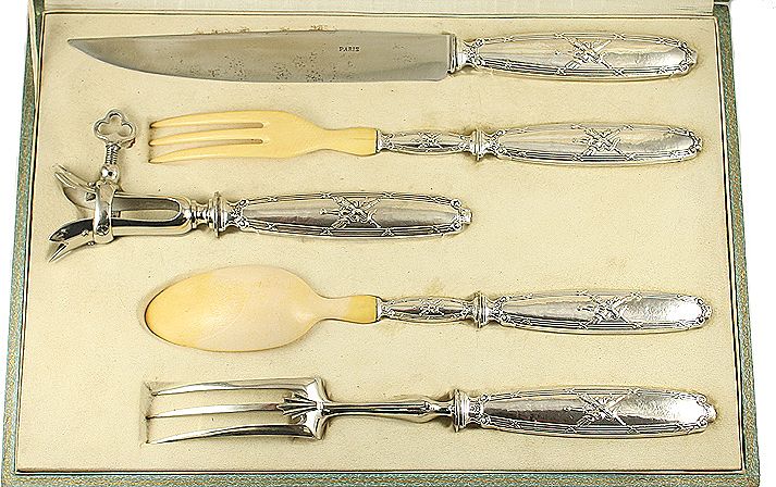 Antique 5 Piece French Sterling and Ivory Carving or Serving Set Antique 5 Piece French Sterling and Ivory Carving or Serving Set