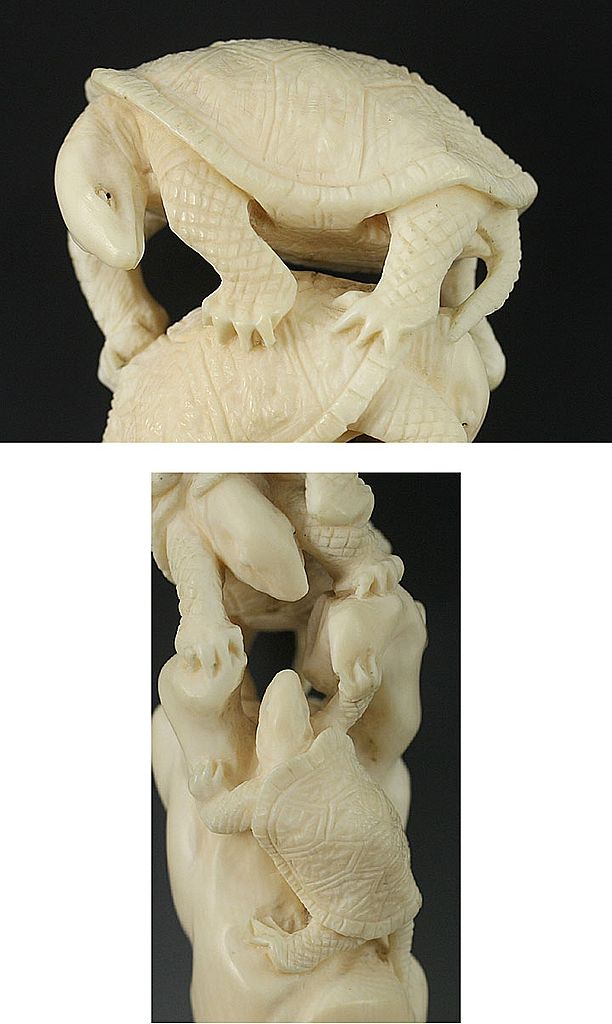 Terrific Meiji Period Carved Ivory Turtles Cane or Parasol Handle Terrific Meiji Period Carved Ivory Turtles Cane or Parasol Handle