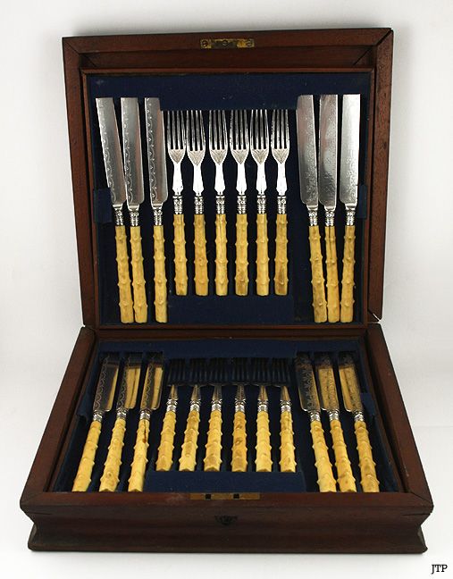 34 piece English Silver and Carved Ivory James Dixon Fish Set 34 piece English Silver and Carved Ivory James Dixon Fish Set