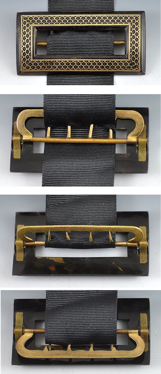 1850's Pique Tortoise Shell Sash Buckle with 10 or 14 karat Gold Inlay 1850's Pique Tortoise Shell Sash Buckle with 10 or 14 karat Gold Inlay
