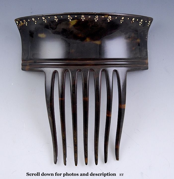 Antique Tortoise Shell and Applied Gold Bead Hair Comb Antique Tortoise Shell and Applied Gold Bead Hair Comb
