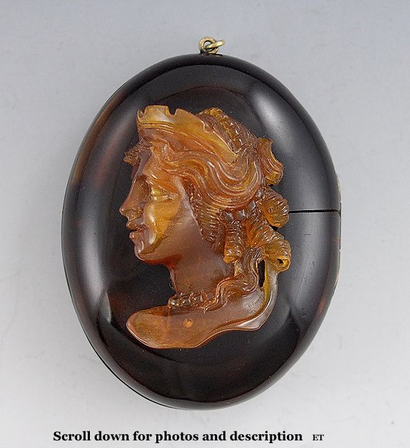 c1870's Fine Large Carved Tortoise Shell Cameo Locket of a Princess c1870's Fine Large Carved Tortoise Shell Cameo Locket of a Princess