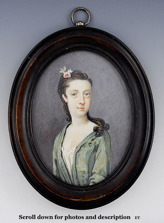 Early 19th Century Young Woman Portrait on Ivory Miniature in Wooden Frame Early 19th Century Young Woman Portrait on Ivory Miniature in Wooden Frame