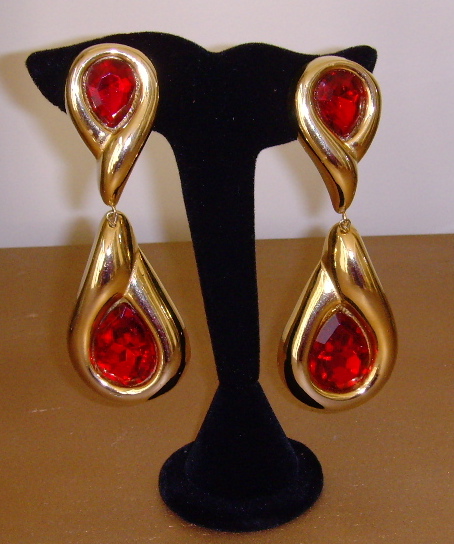 Goldtone and Red Stone Dangle Earrings Goldtone and Red Stone Dangle Earrings