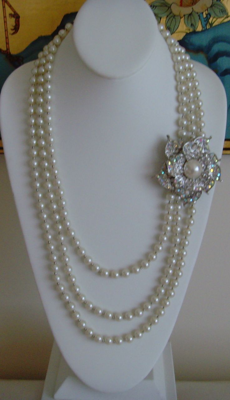 Scaasi Triple Strand Simulated Pearl and Rhinestone Necklace Scaasi Triple Strand Simulated Pearl and Rhinestone Necklace