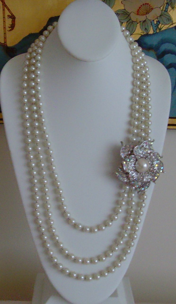 Scaasi Triple Strand Simulated Pearl and Rhinestone Necklace Scaasi Triple Strand Simulated Pearl and Rhinestone Necklace