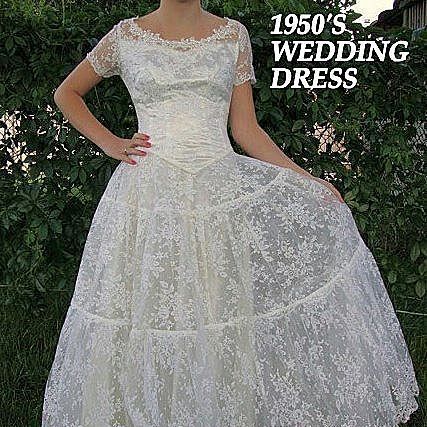 Exquisite1950 39s Vintage Wedding Dress Short Sleeves Sequins Lace