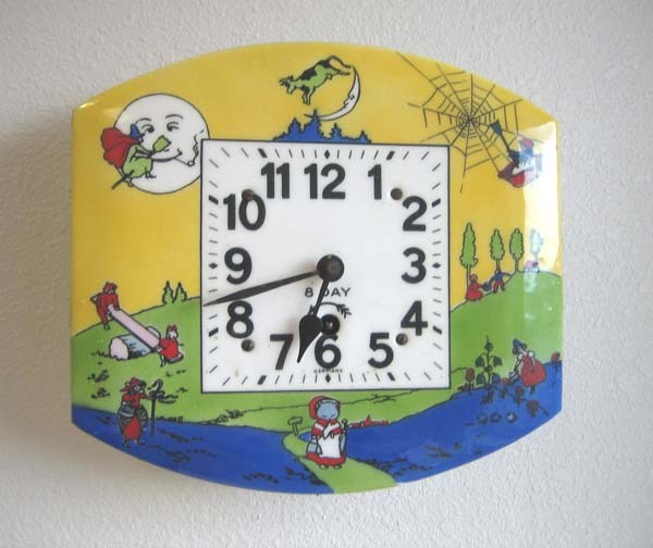 Vintage German Nursery Rhyme enamel clock with pendulum from
