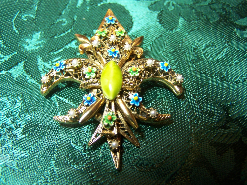 Signed Art Brooch with Enameled Flowers and Art Glass Center Signed Art Brooch with Enameled Flowers and Art Glass Center