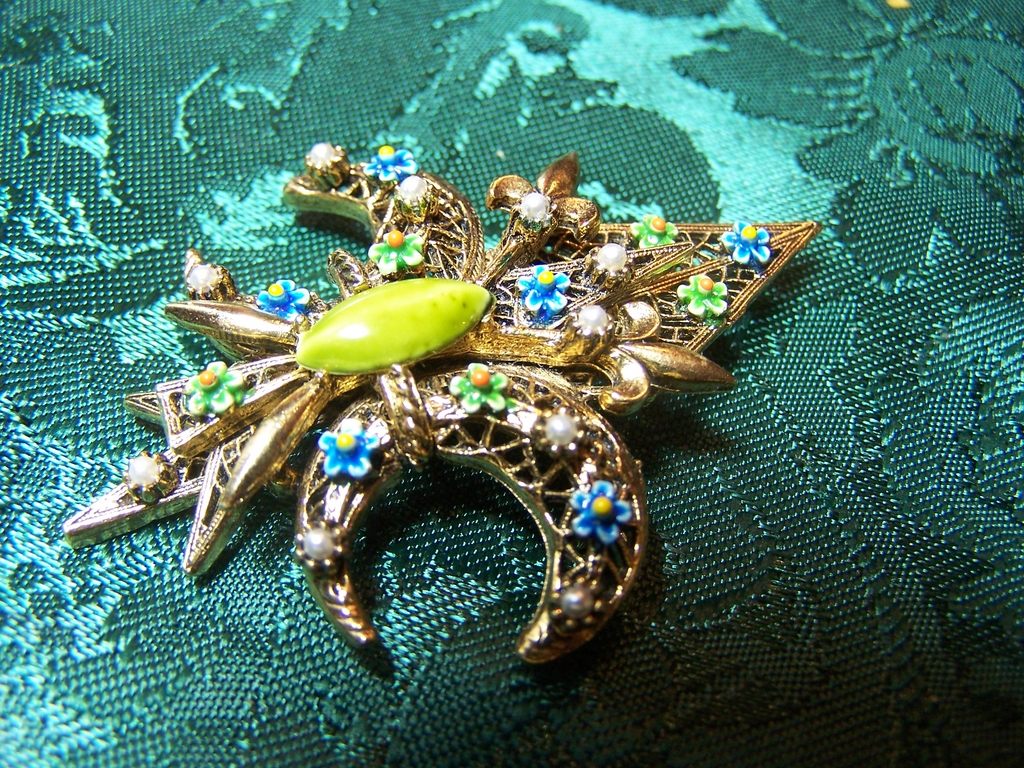 Signed Art Brooch with Enameled Flowers and Art Glass Center Signed Art Brooch with Enameled Flowers and Art Glass Center