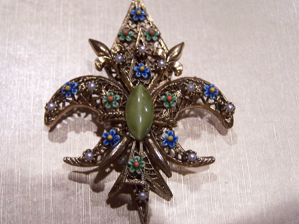 Signed Art Brooch with Enameled Flowers and Art Glass Center Signed Art Brooch with Enameled Flowers and Art Glass Center
